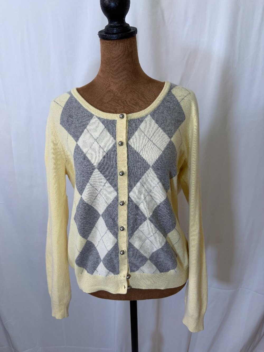Talbots Lambswool Argyle Cardigan Yellow Gray Preppy Sweater M